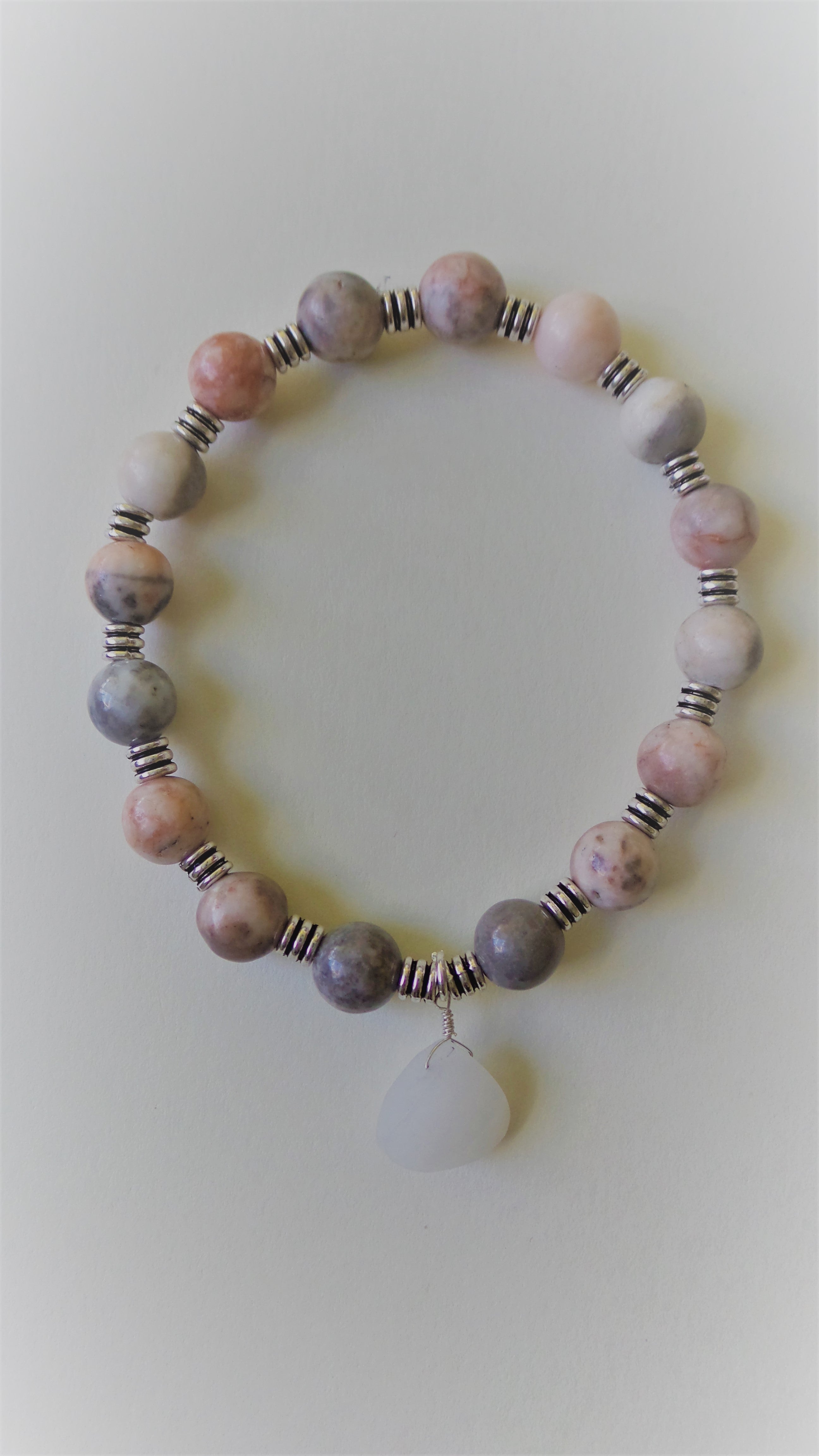 Bracelet- Pink Jasper with a Sea Glass Charm