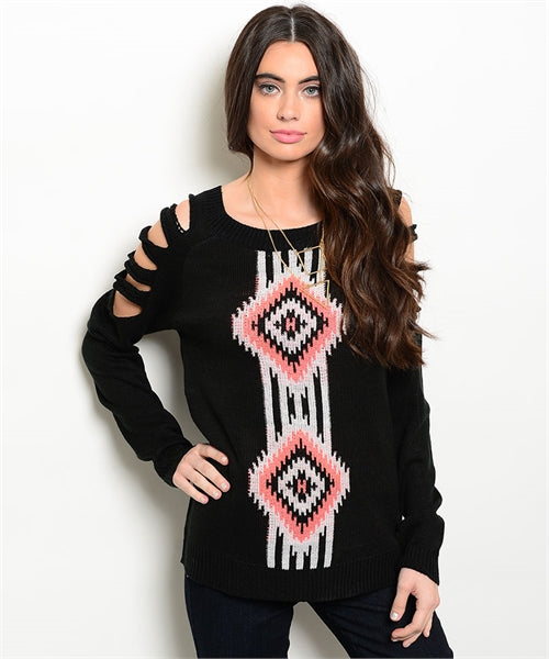 Black and Coral Cutout Sweater