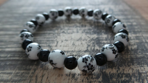 Bracelet- Black and White Floral Glass with Black Quartz