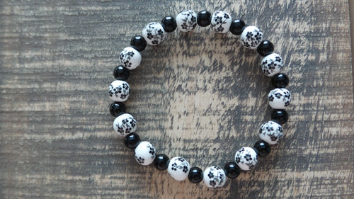 Bracelet- Black and White Floral Glass with Black Quartz