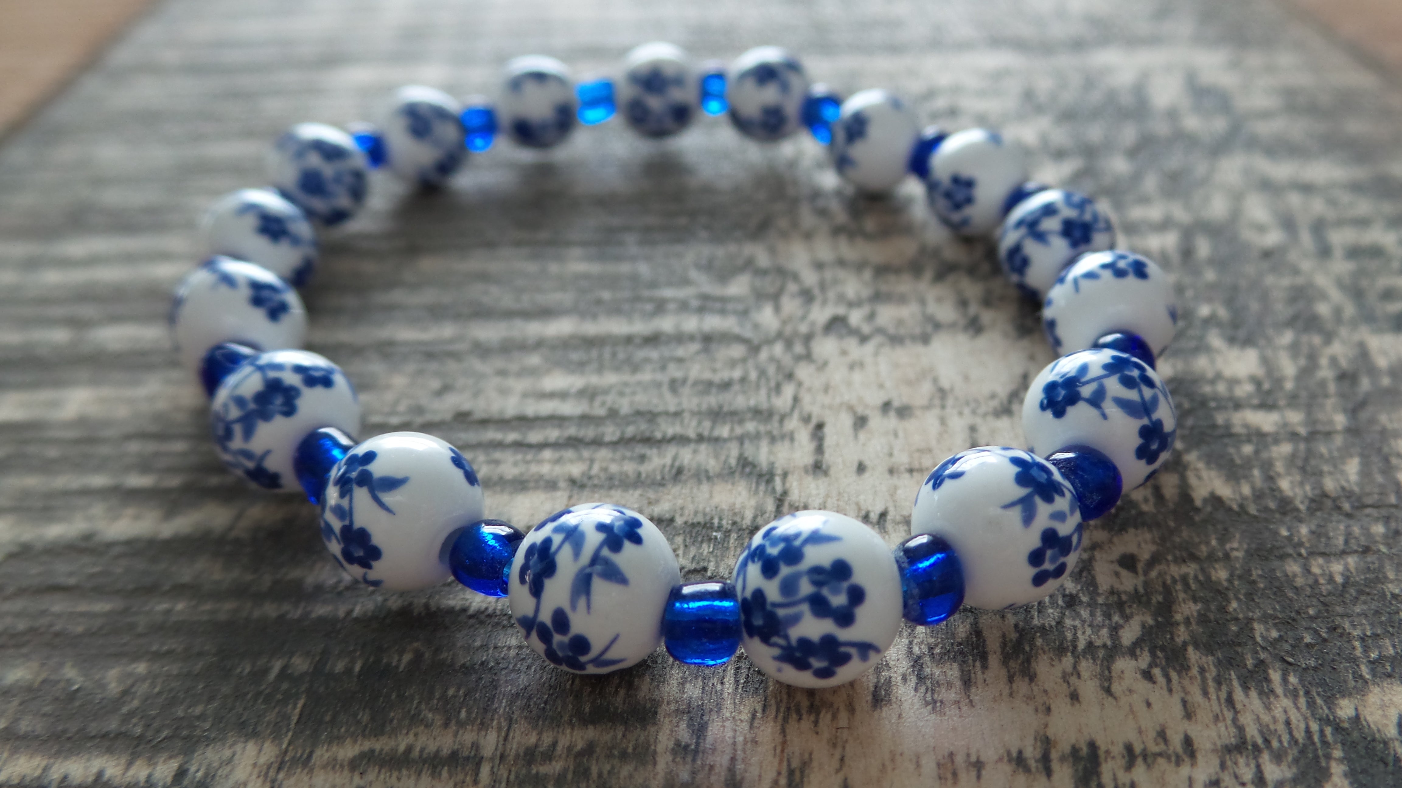 Bracelet- Blue and White Floral Glass with Blue Accents