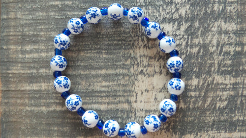 Bracelet- Blue and White Floral Glass with Blue Accents