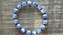 Bracelet- Blue and White Floral Glass with Blue Accents