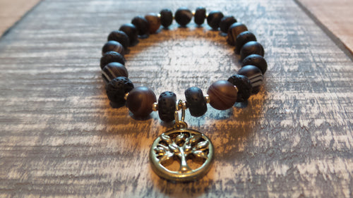 Bracelet- Agate, Black Lava, & Tree of Life Charm