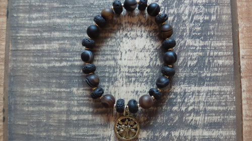 Bracelet- Agate, Black Lava, & Tree of Life Charm