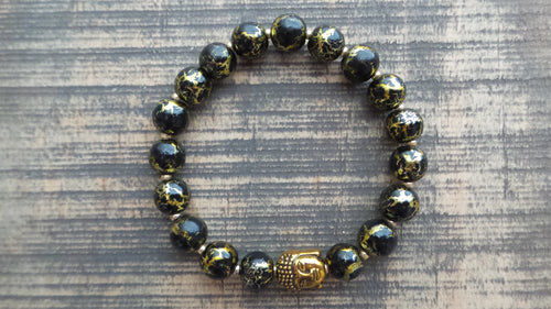 Bracelet- Black and Gold Vein Glass with Gold Buddha