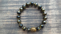 Bracelet- Black and Gold Vein Glass with Gold Buddha