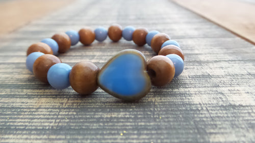 Bracelet- Wood and Periwinkle Glass with Heart