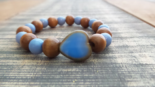 Bracelet- Wood and Periwinkle Glass with Heart