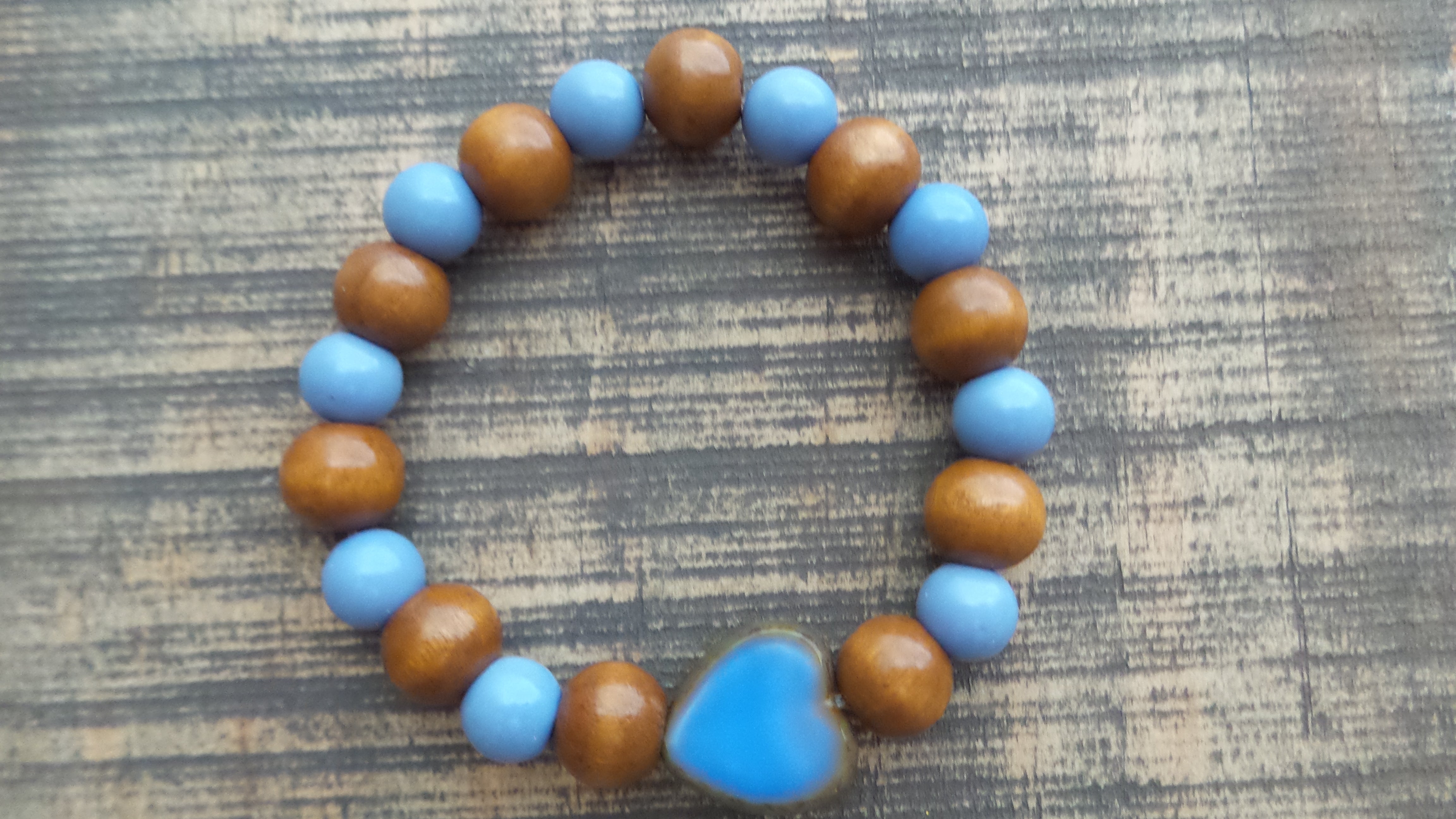 Bracelet- Wood and Periwinkle Glass with Heart