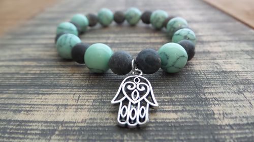 Bracelet- Mint Glass, Amazonite, and Hamsa Hand