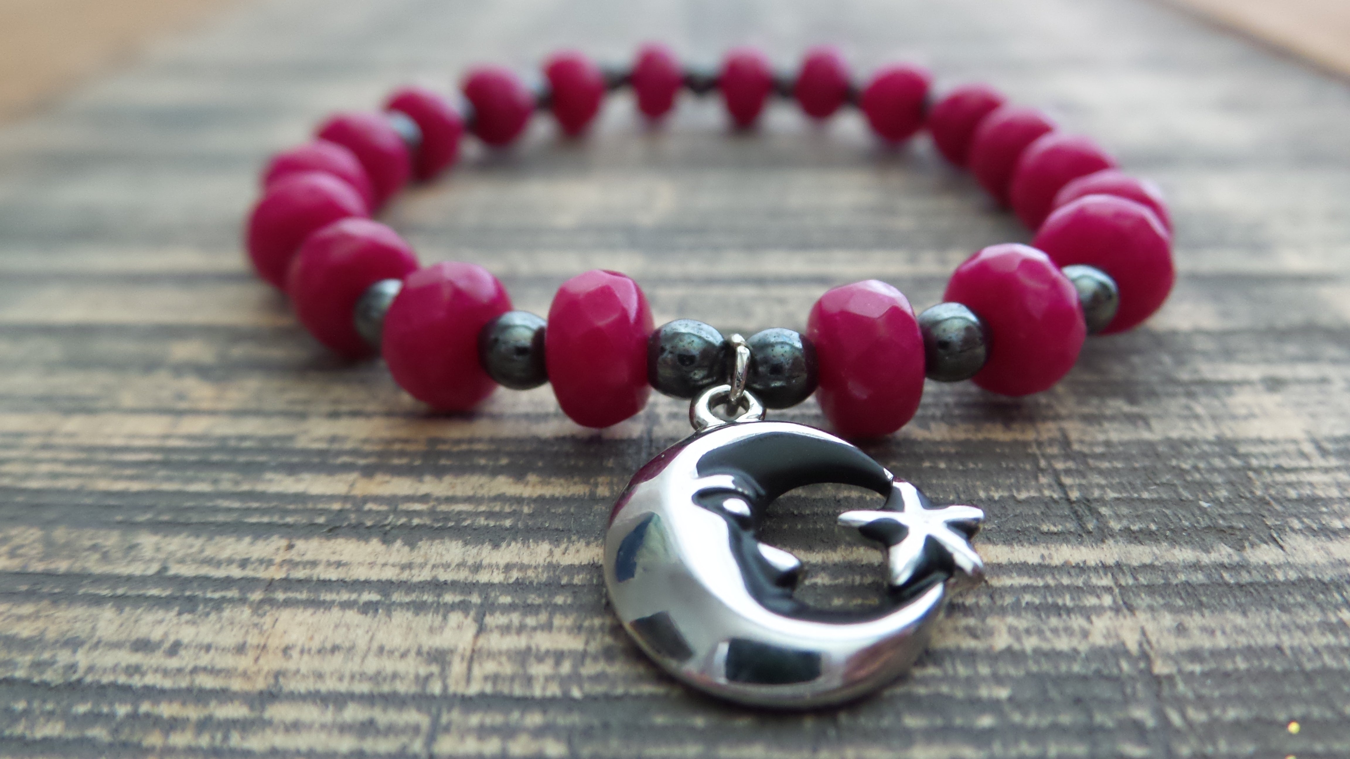 Bracelet- Pink Agate with Moon Charm