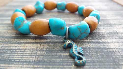 Bracelet- Turquoise and Wood with Seahorse Charm