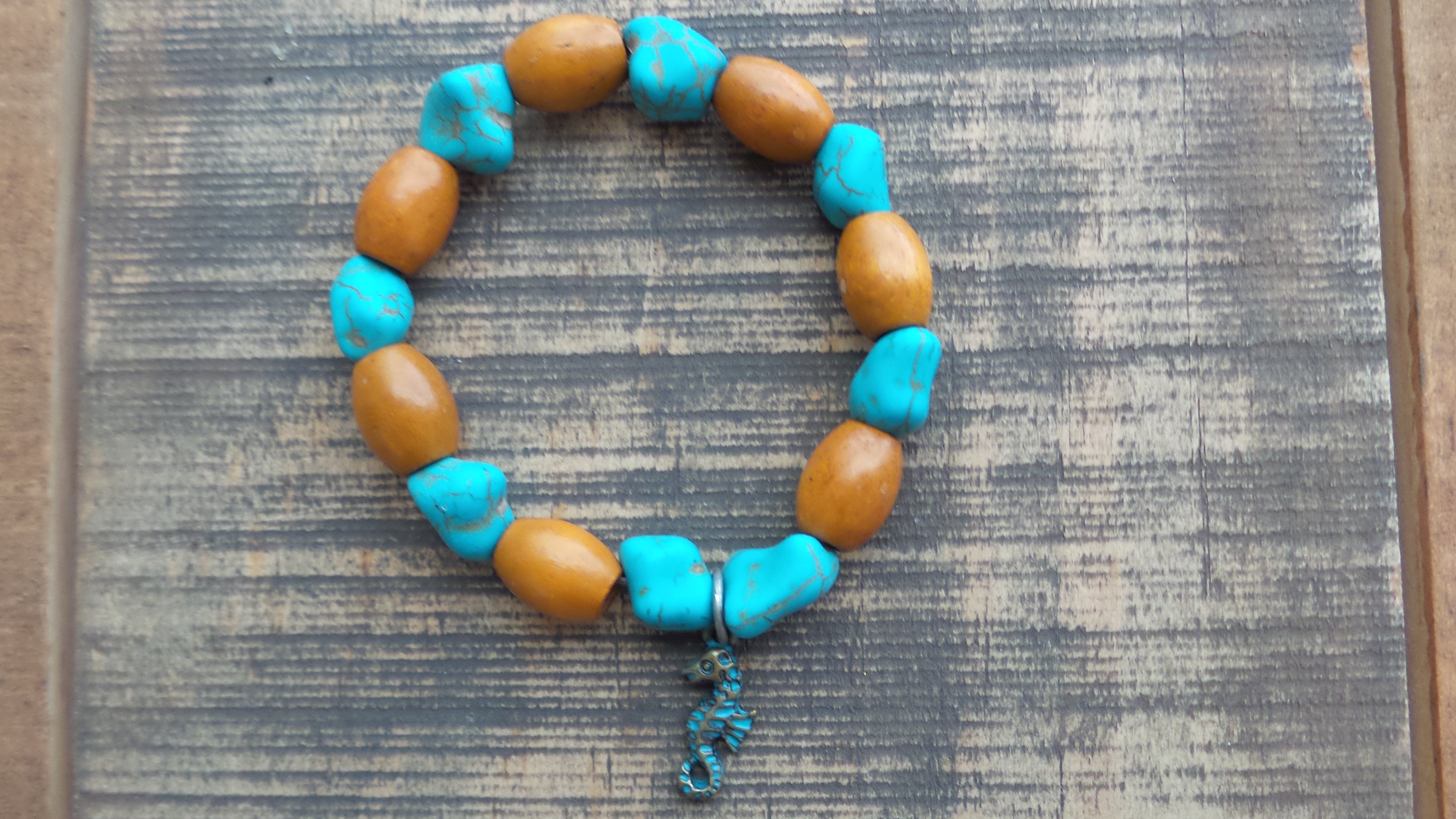 Bracelet- Turquoise and Wood with Seahorse Charm