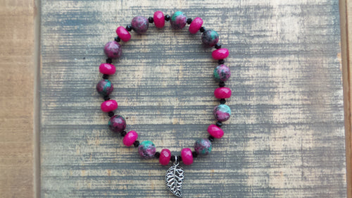Bracelet- Morganite and Pink Agate with Silver Leaf Charm