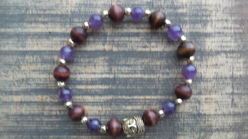 Bracelet- Amethyst and Dark Wood with Gold Buddha