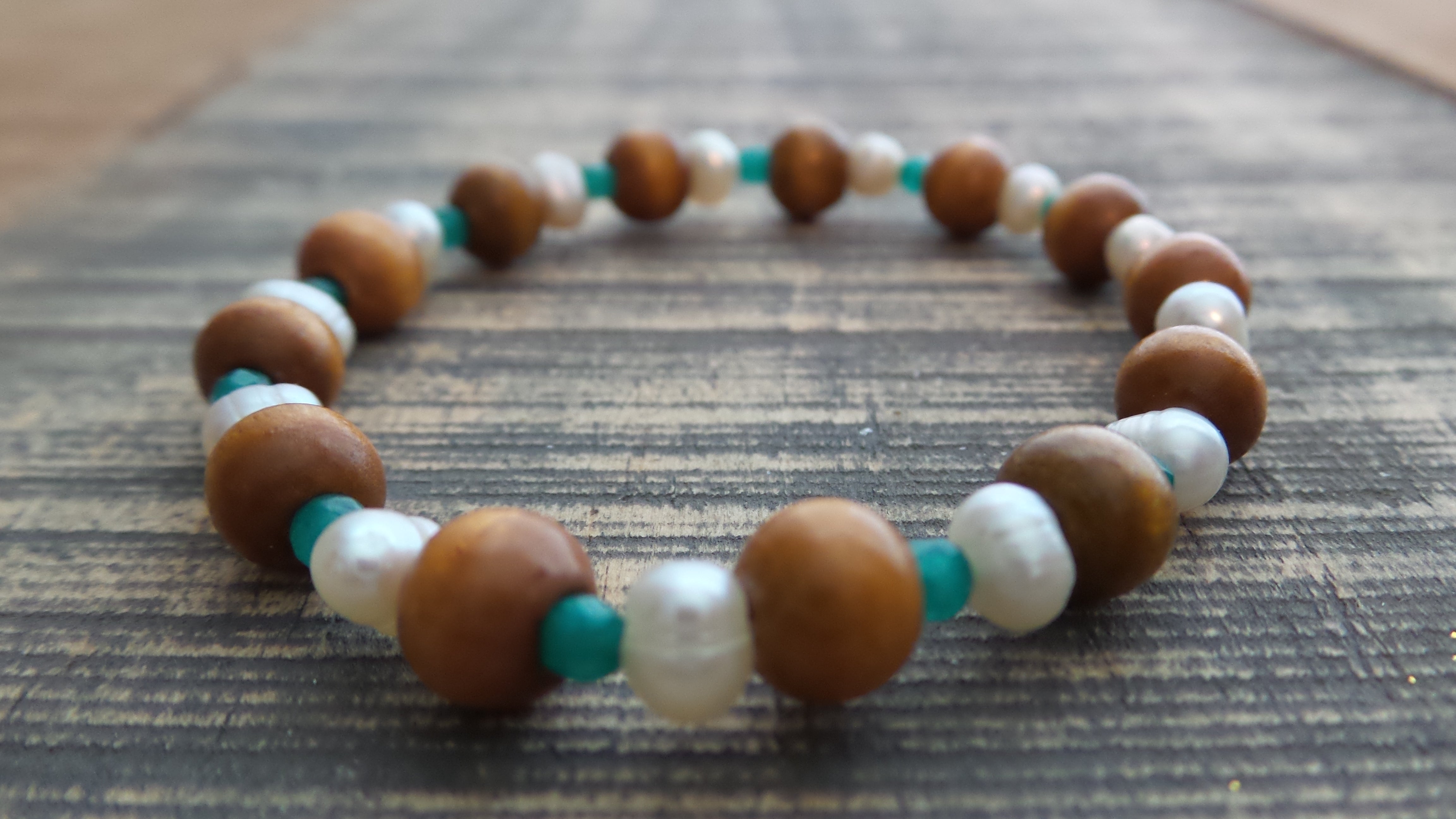 Bracelet- Wood with Freshwater Pearls and Teal Agate