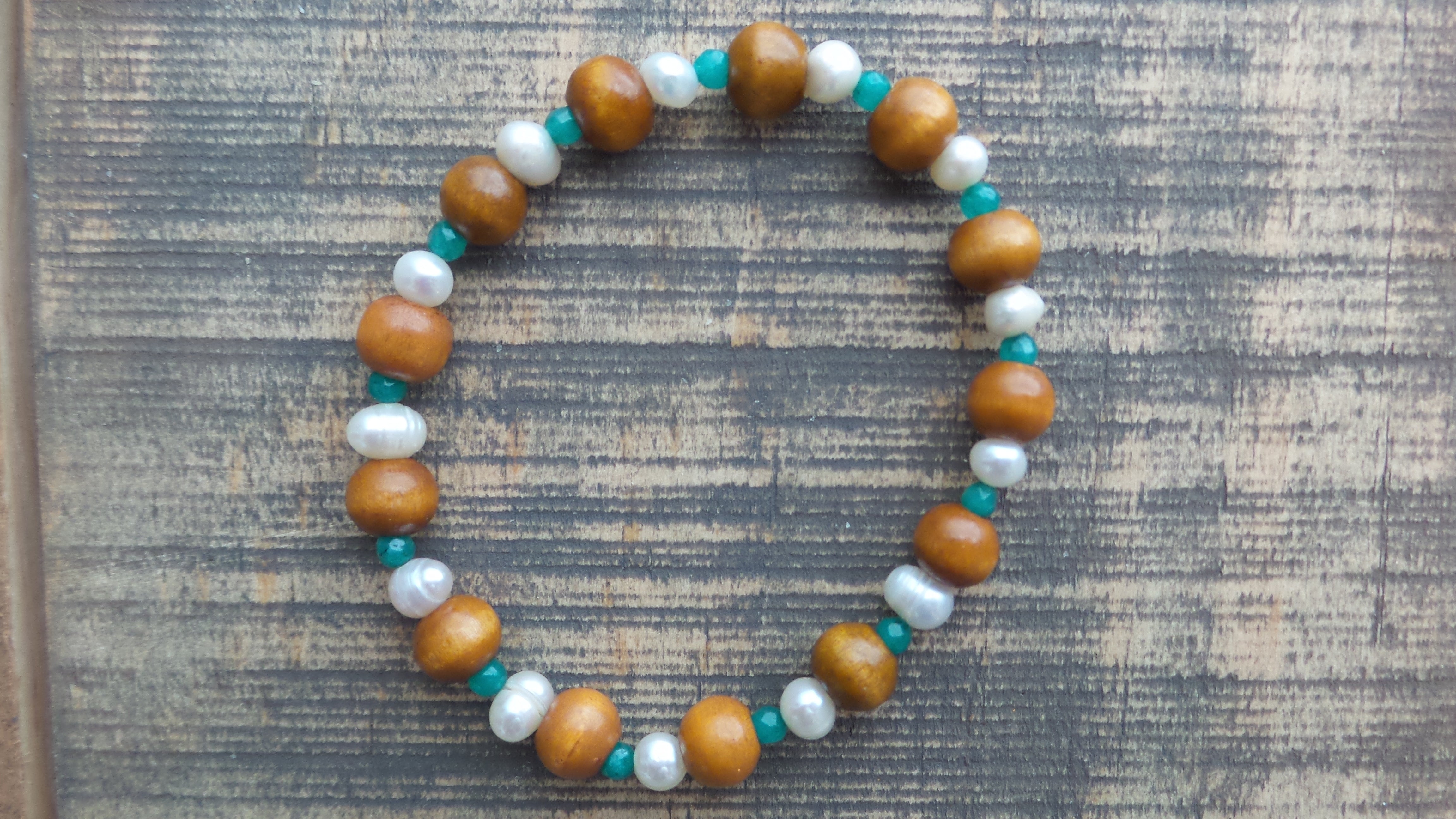 Bracelet- Wood with Freshwater Pearls and Teal Agate