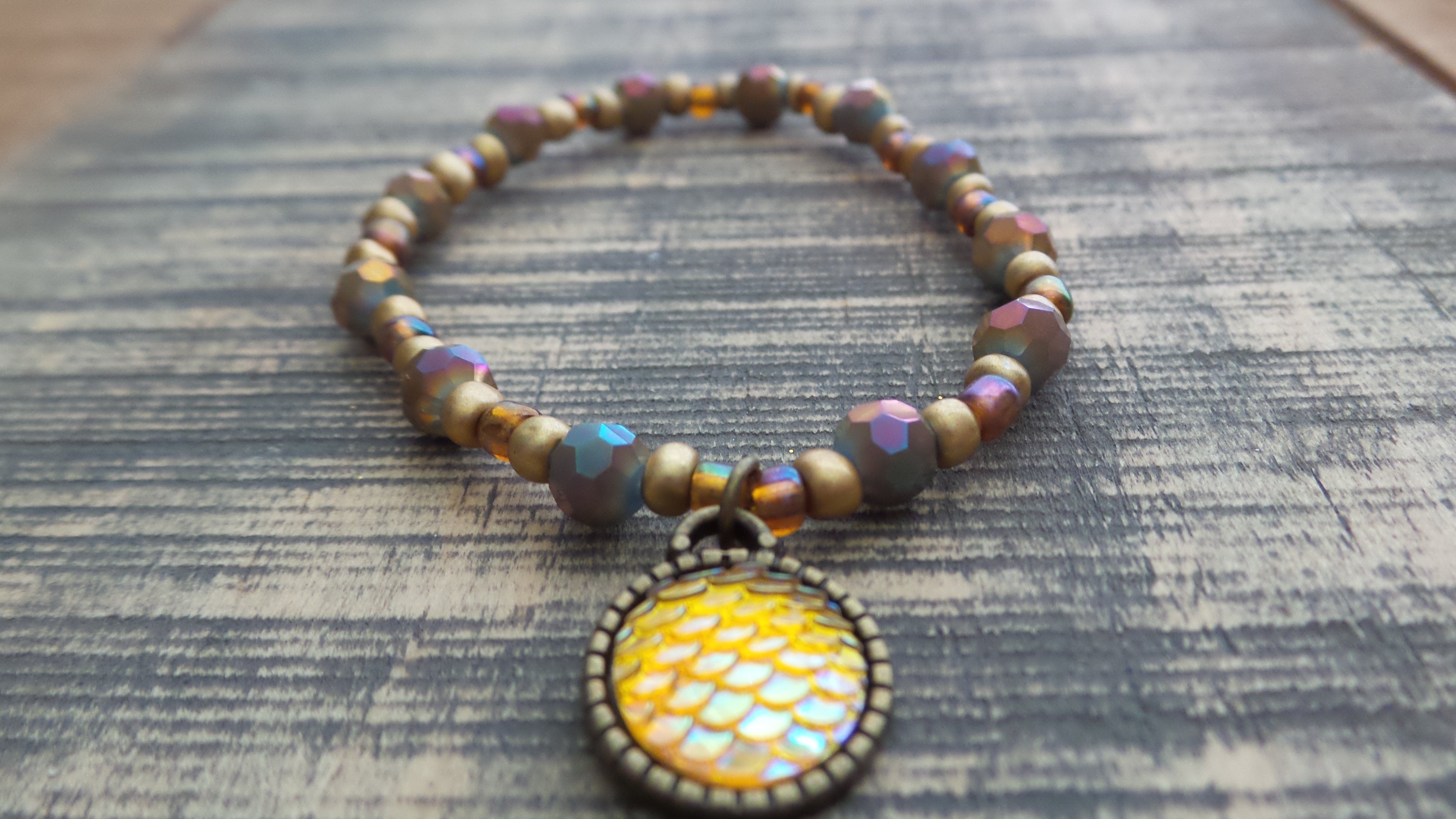 Bracelet- Gold and Iridescent Glass with Mermaid Charm