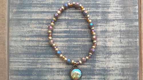 Bracelet- Gold and Iridescent Glass with Mermaid Charm