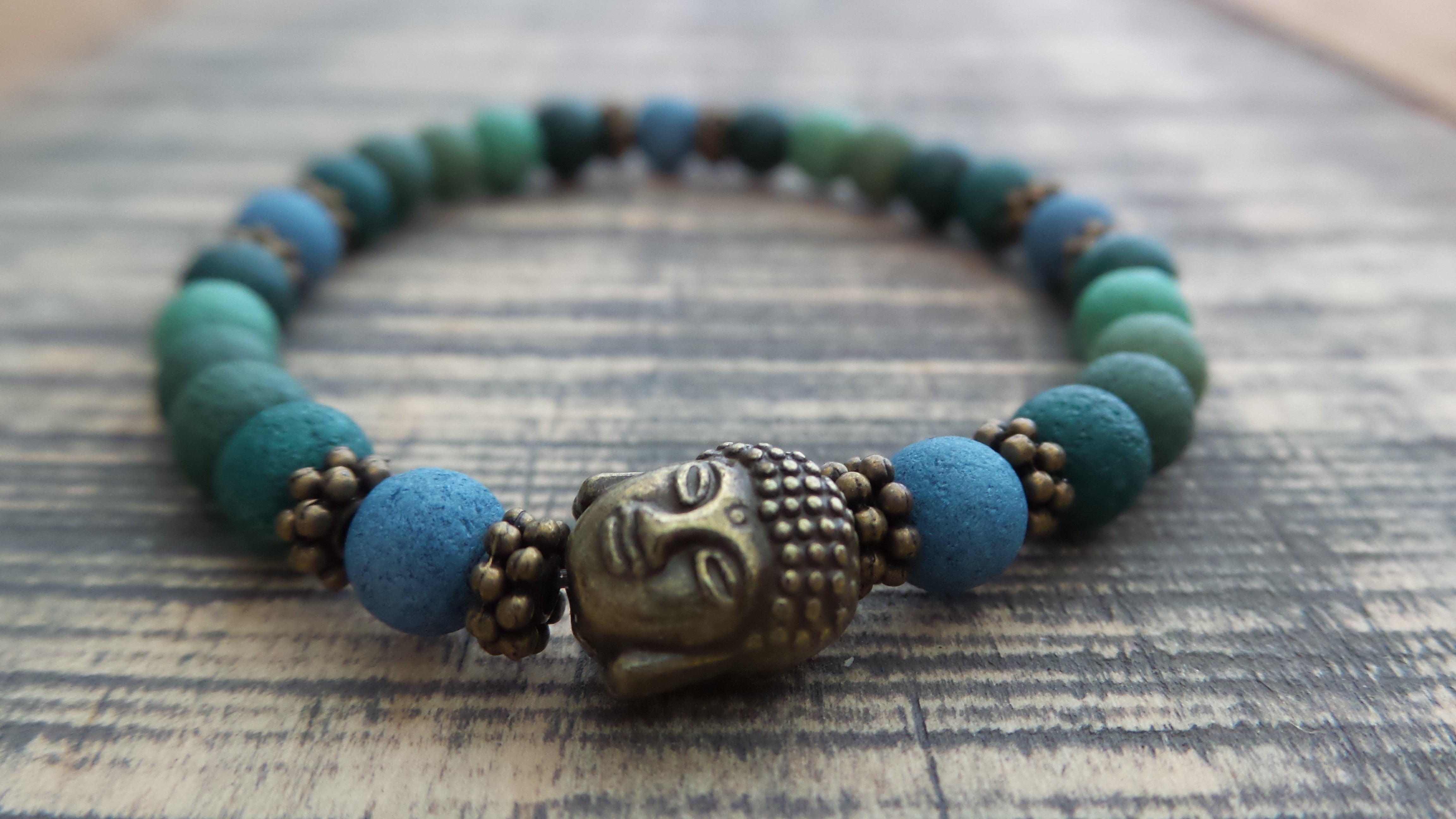 Bracelet- Green and Blue Wood with Antique Brass Buddha