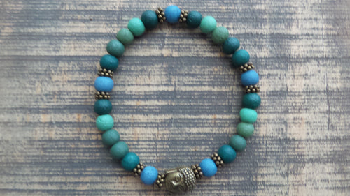 Bracelet- Green and Blue Wood with Antique Brass Buddha