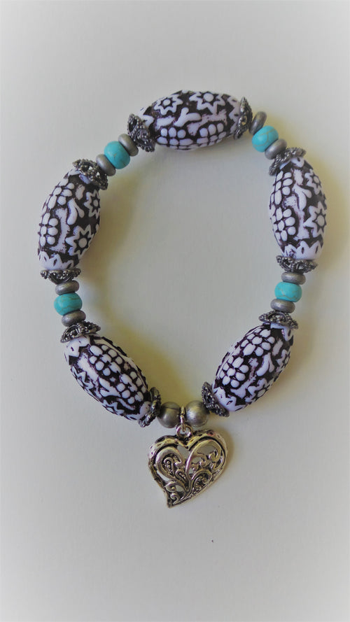 Bracelet- Black and White Acrylic with Turquoise Accents and Heart Charm