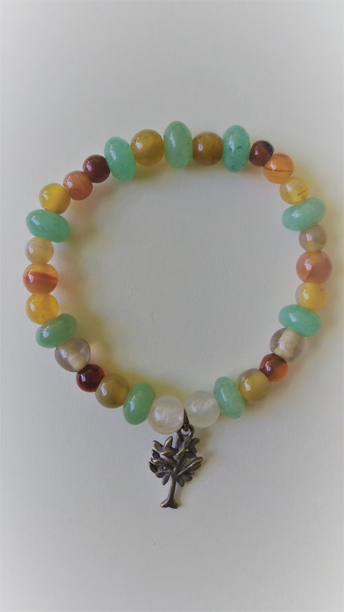 Bracelet- Mixed Jade, Aventurine, and Blooming Tree Charm