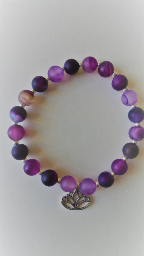 Bracelet- Purple Agate with Lotus Flower Charm