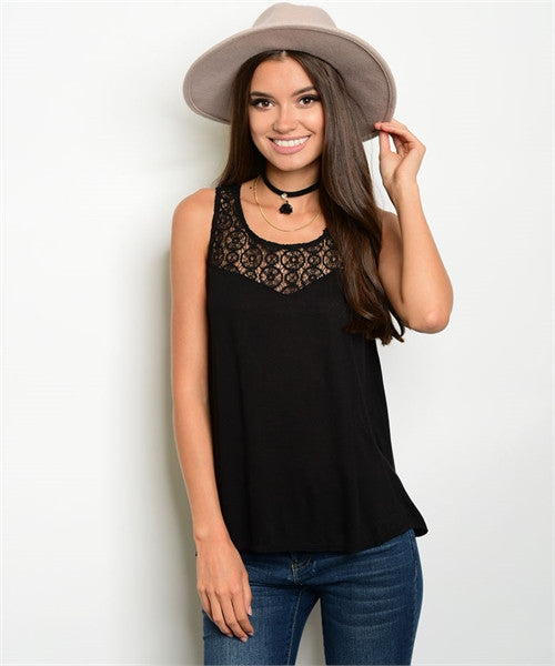 Black Sleeveless Lace Detail Split Back Top