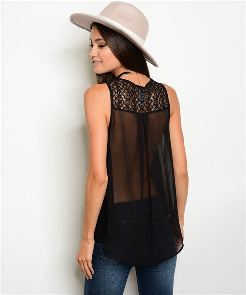 Black Sleeveless Lace Detail Split Back Top