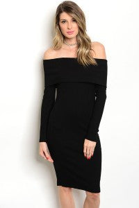 Black Ribbed Off Shoulder Dress