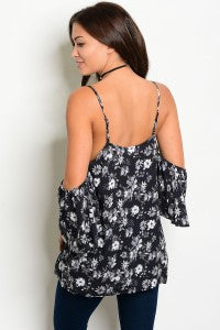 Black Floral Cold Shoulder Top