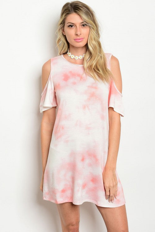 Coral Tie Dye Cold Shoulder Dress