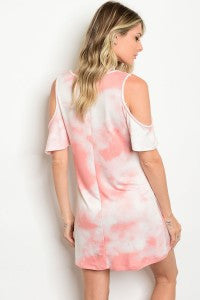 Coral Tie Dye Cold Shoulder Dress