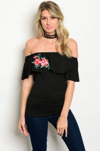 Black Floral Patch Off Shoulder Top