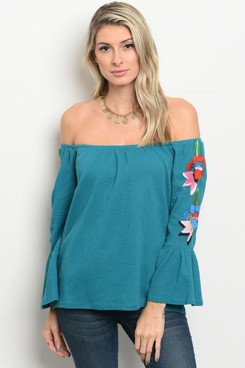 Teal Tropical Floral Off Shoulder
