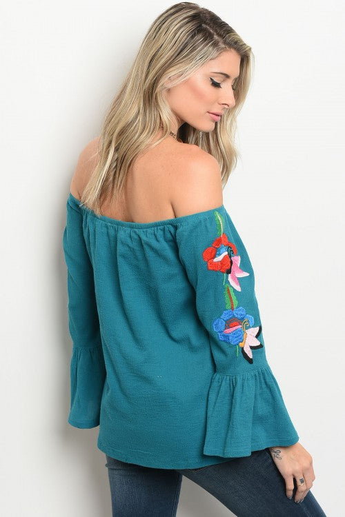 Teal Tropical Floral Off Shoulder