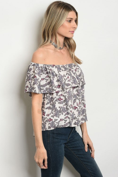 Grey Floral Ruffle Off Shoulder