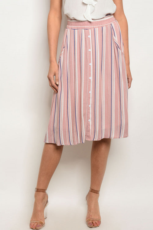 Blush Midi Skirt with Ivory and Blue Pinstripes