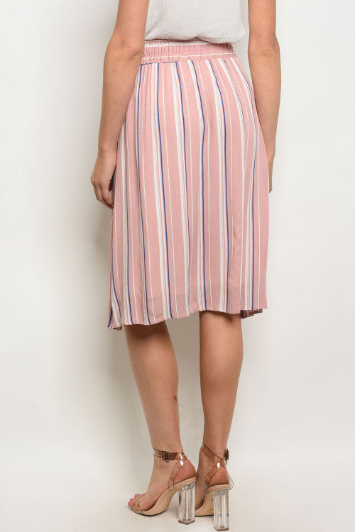 Blush Midi Skirt with Ivory and Blue Pinstripes