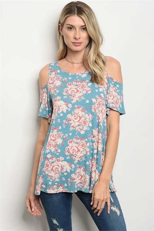 Teal Floral Cold Shoulder