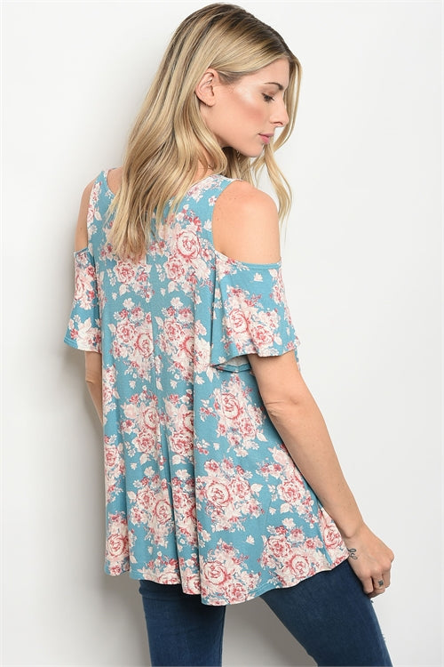 Teal Floral Cold Shoulder