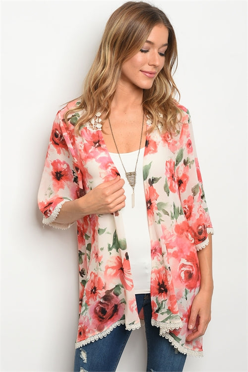 Cream and Red Floral Kimono