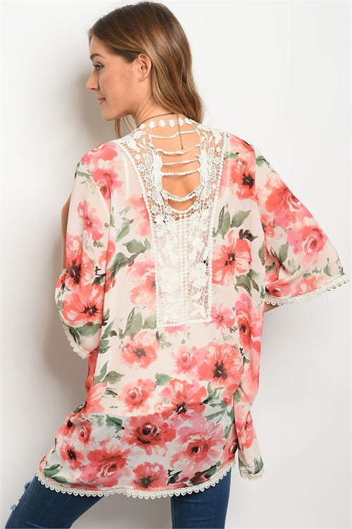 Cream and Red Floral Kimono